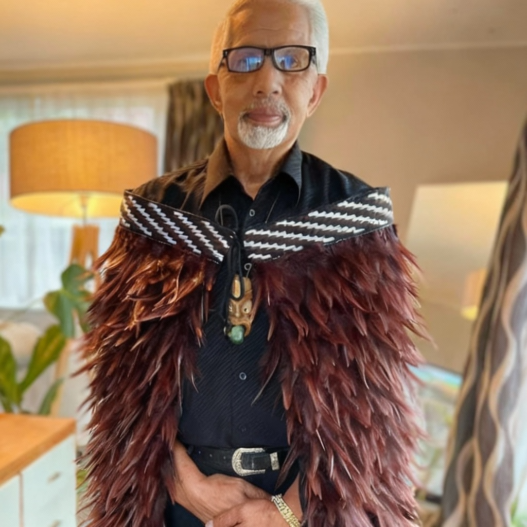 A contemporary Māori korowai featuring a contemporary korowai design with brown feathers on a male.