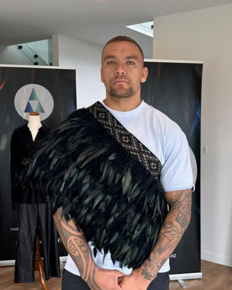 James Fisher Harris wearing the Piataata Korowai by Hiria design