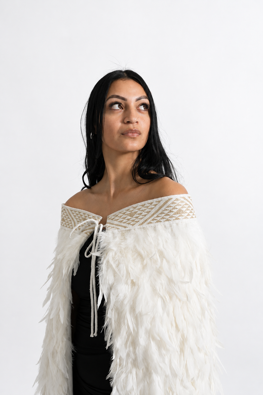 Hiwa White korowai — Full length — Gold portrait.