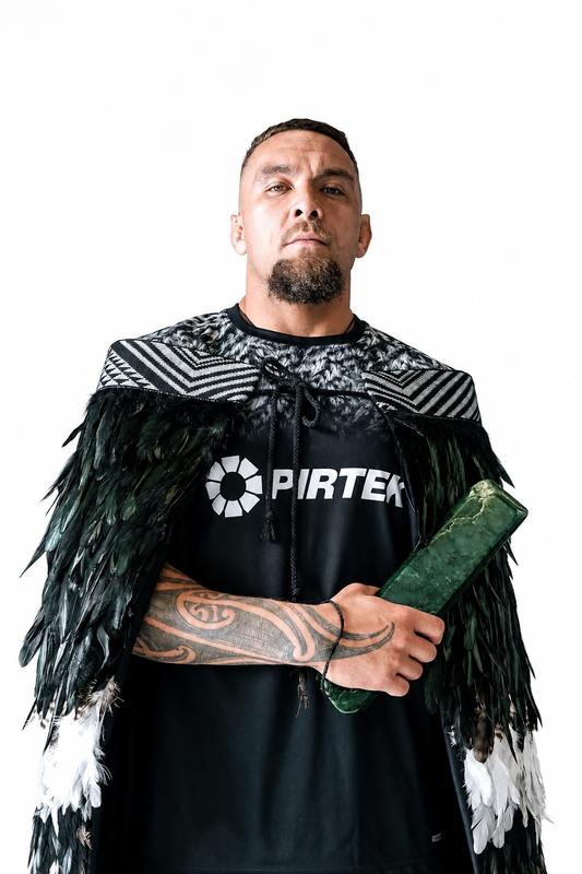 James wearing a custom black and white korowai and holding a greenstone taonga against a white background.