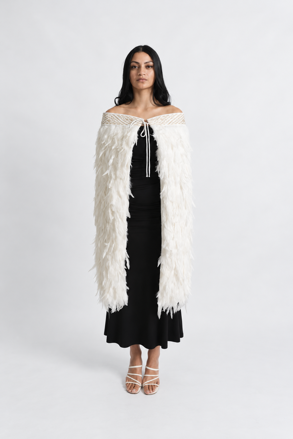 Hiwa White korowai — Full length — Gold head-to-toe.