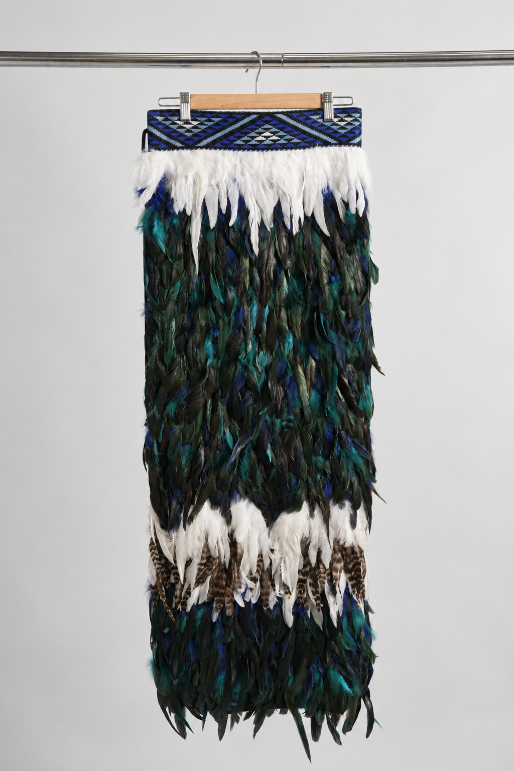 Moana Blue contemporary adult korowai in Full length, hanging front view.