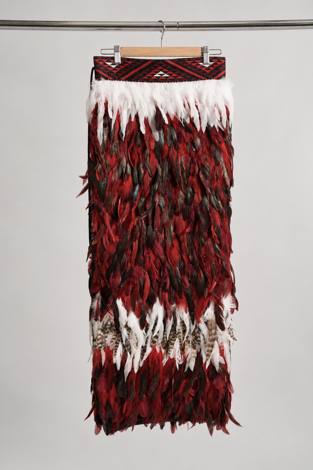 Rangatira Red adult Full length korowai, hanging front view