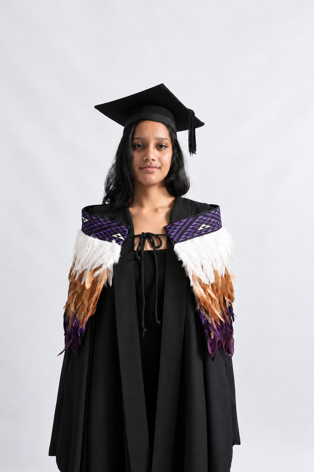 Wairua Purple korowai worn by a graduation model, front view
