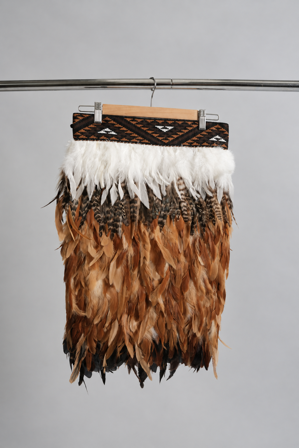 Whenua Brown adult Half length korowai, hanging front view