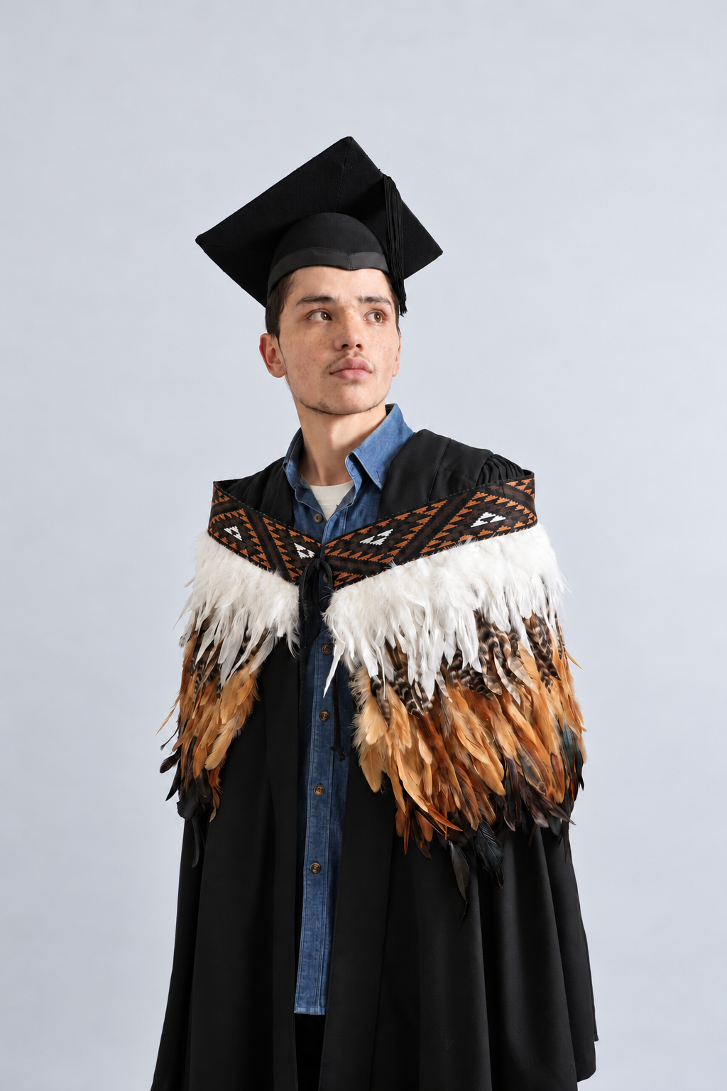 Graduation model wearing Whenua Brown korowai