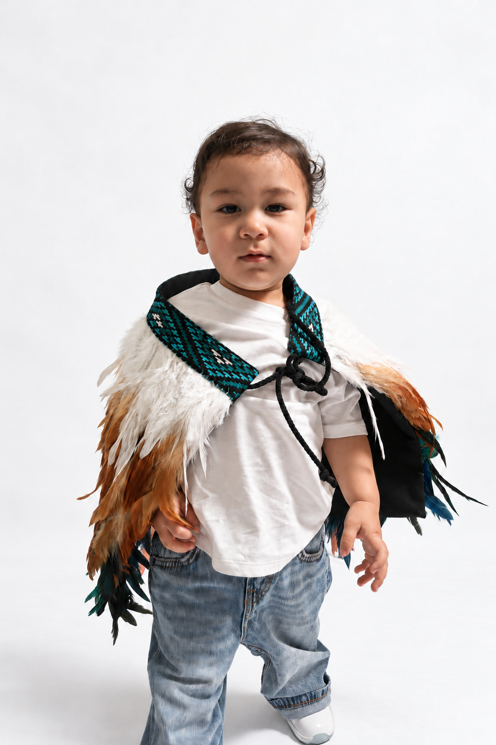 Toddler wearing Kingfisher Blue korowai, front view
