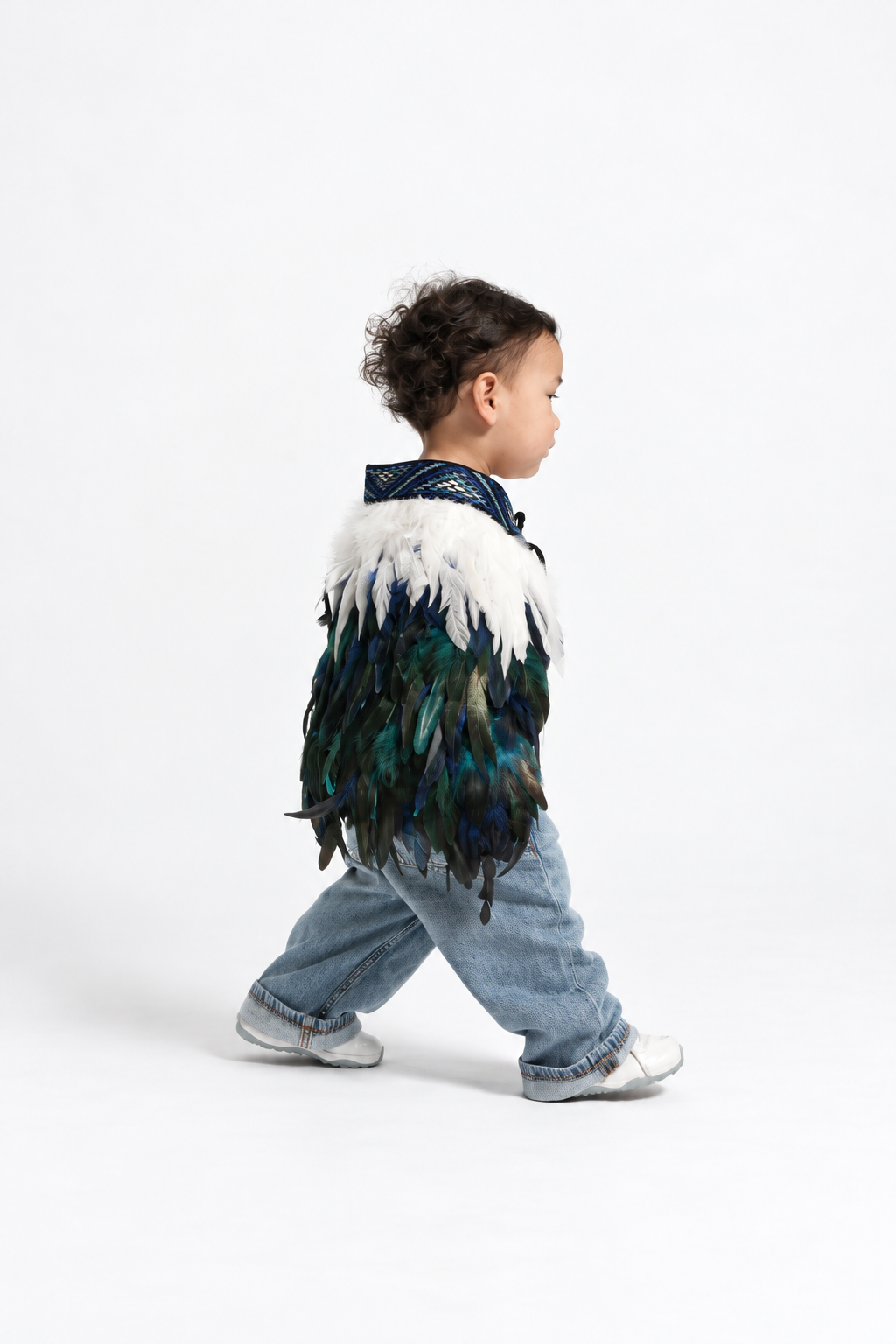 Toddler wearing Moana Blue korowai, walking side and back view