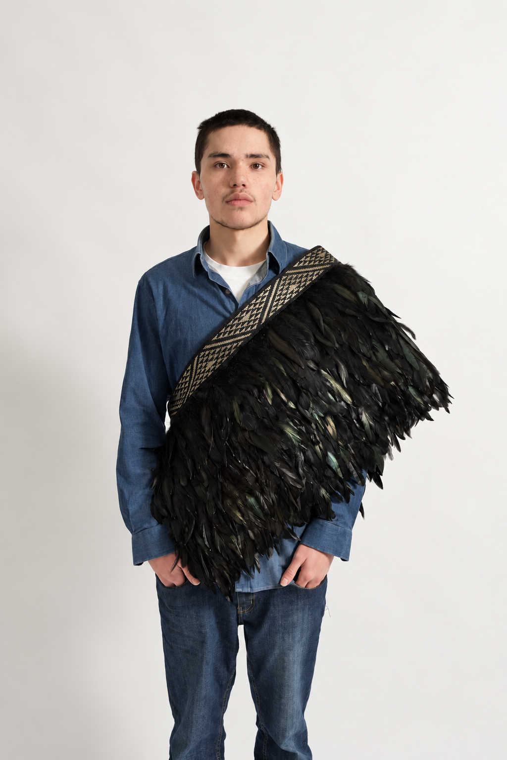Male model wearing black Pīataata korowai with a gold tāniko band draped over one shoulder.